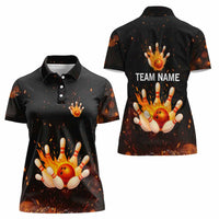 Flaming Bowling Ball Design Women Polo Shirt with Strike Pins and Glowing Fire Sparks on Dark Background - Wonder Print Shop