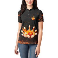 Flaming Bowling Ball Design Women Polo Shirt with Strike Pins and Glowing Fire Sparks on Dark Background - Wonder Print Shop