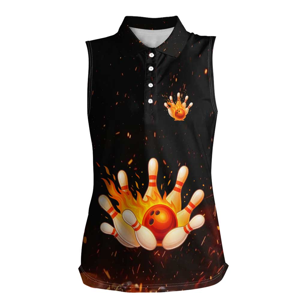 Flaming Bowling Ball Design Women Sleeveless Polo Shirt with Strike Pins and Glowing Fire Sparks on Dark Background - Wonder Print Shop