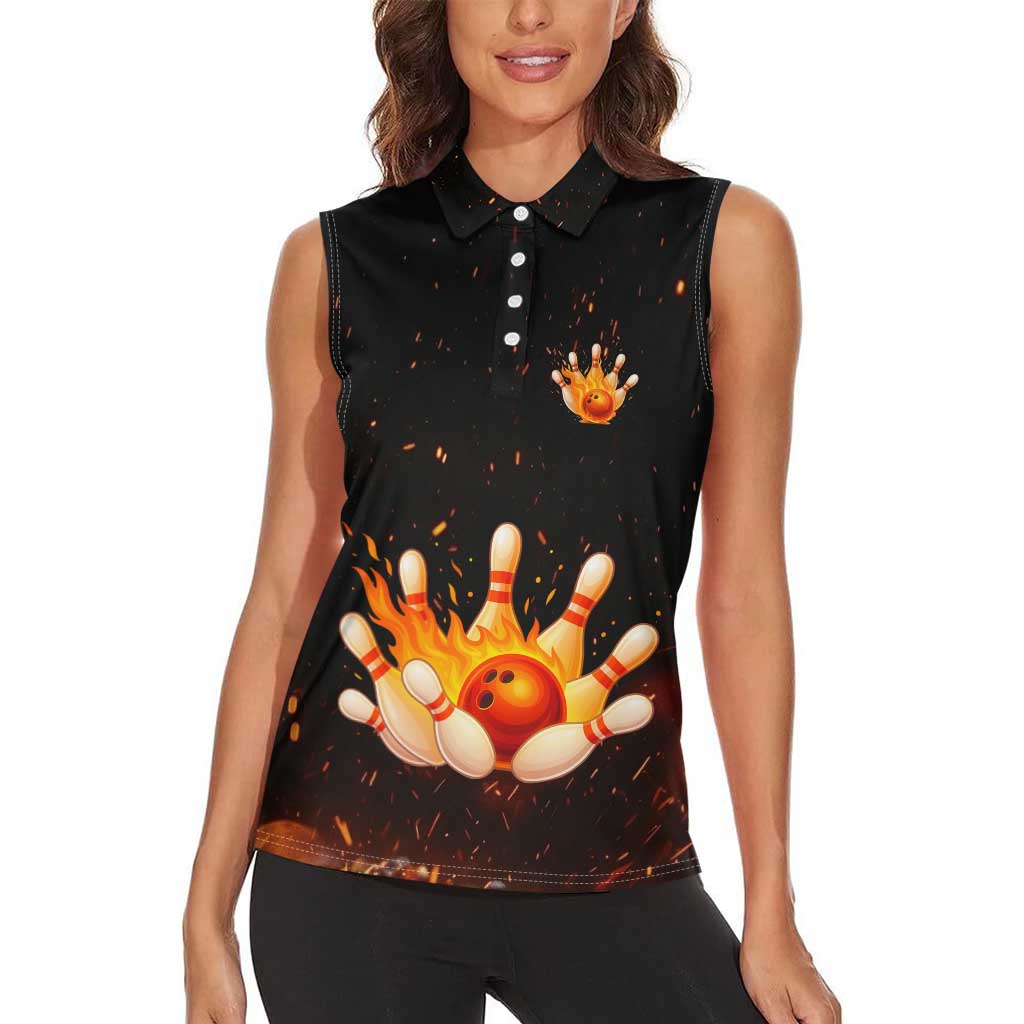 Flaming Bowling Ball Design Women Sleeveless Polo Shirt with Strike Pins and Glowing Fire Sparks on Dark Background - Wonder Print Shop