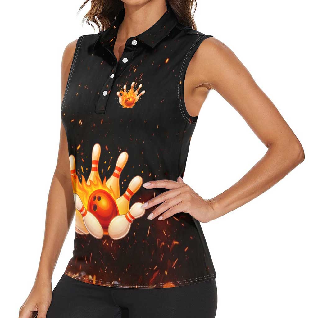 Flaming Bowling Ball Design Women Sleeveless Polo Shirt with Strike Pins and Glowing Fire Sparks on Dark Background - Wonder Print Shop