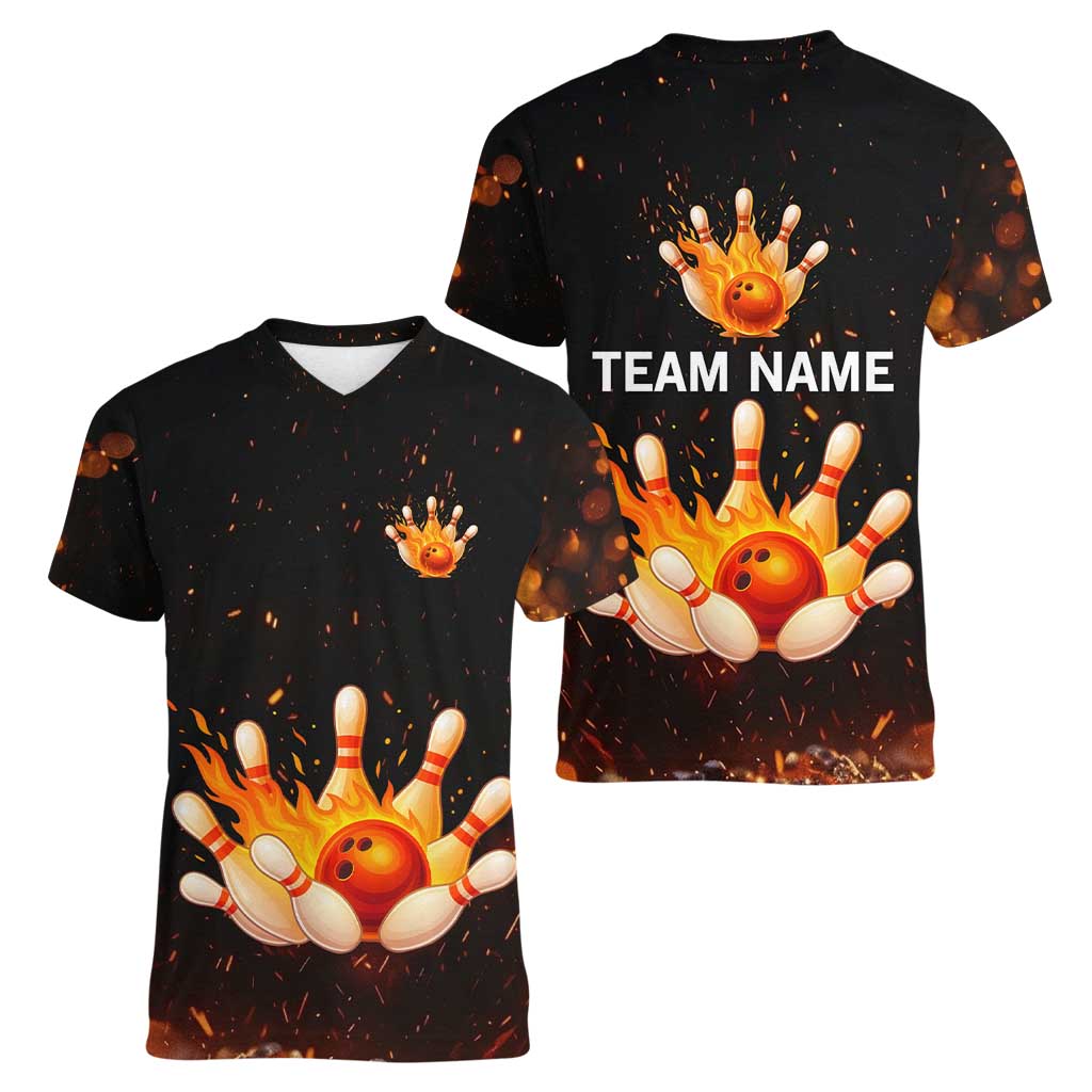 Flaming Bowling Ball Design Women V-Neck T-Shirt with Strike Pins and Glowing Fire Sparks on Dark Background - Wonder Print Shop