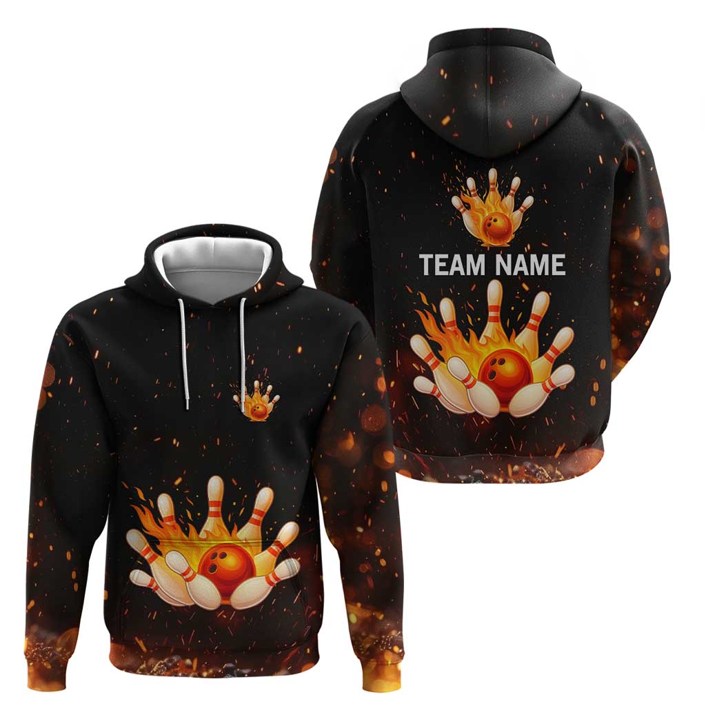Flaming Bowling Ball Design Zip Hoodie with Strike Pins and Glowing Fire Sparks on Dark Background - Wonder Print Shop