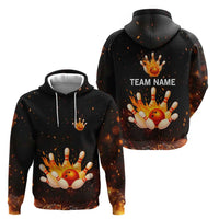 Flaming Bowling Ball Design Zip Hoodie with Strike Pins and Glowing Fire Sparks on Dark Background - Wonder Print Shop