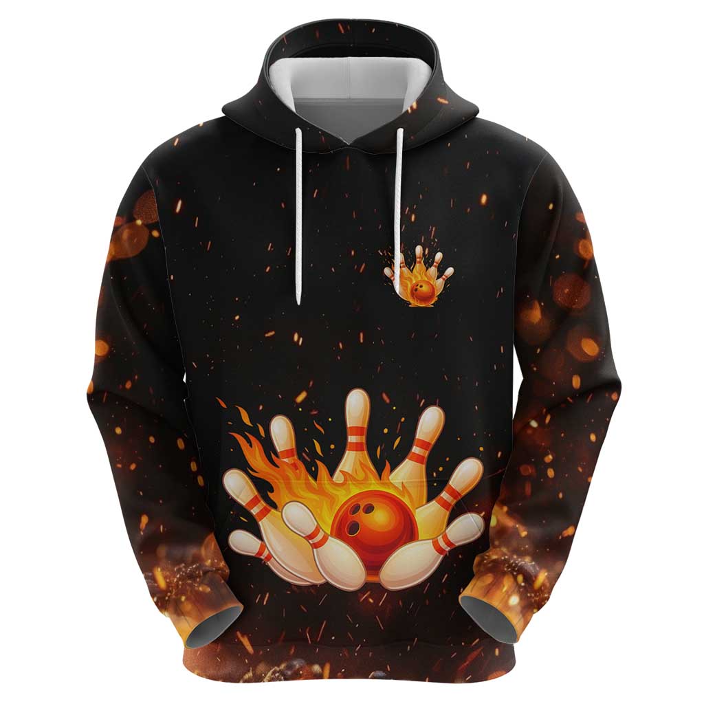 Flaming Bowling Ball Design Zip Hoodie with Strike Pins and Glowing Fire Sparks on Dark Background - Wonder Print Shop