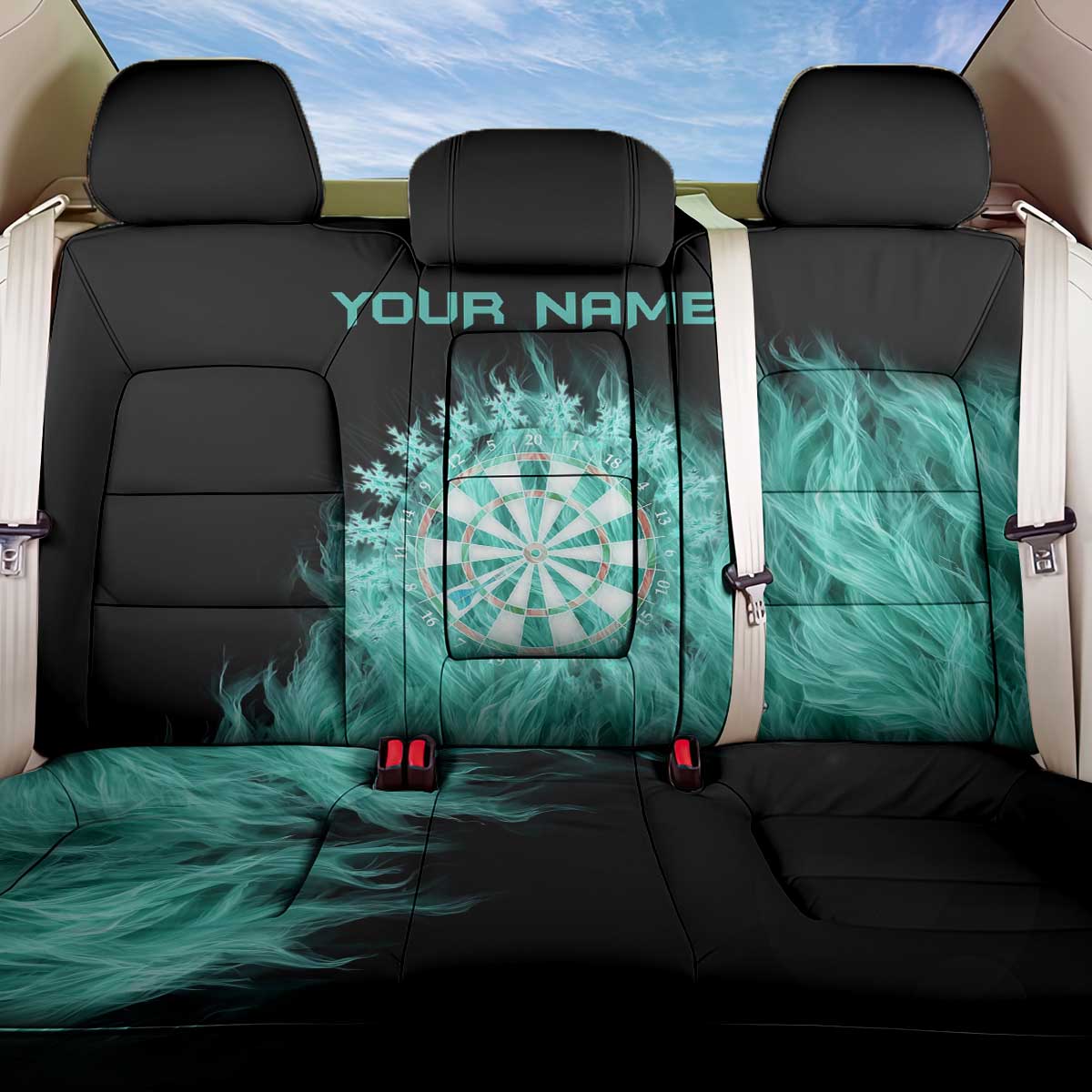 Darts Board Back Car Seat Cover with Flaming Green Smoke and Crest Emblem on Black Gradient Background - Wonder Print Shop