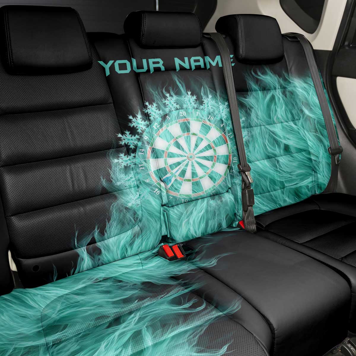 Darts Board Back Car Seat Cover with Flaming Green Smoke and Crest Emblem on Black Gradient Background - Wonder Print Shop