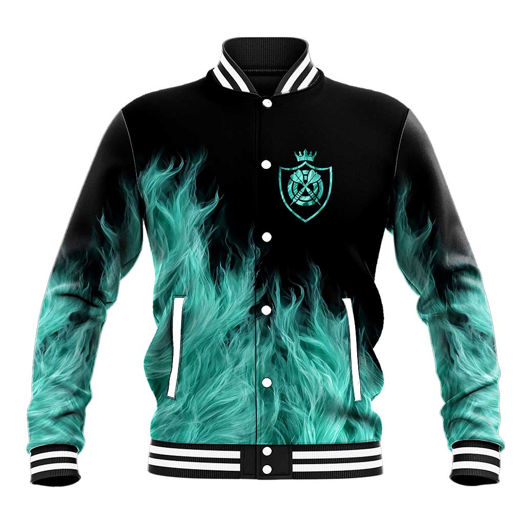 Darts Board Baseball Jacket with Flaming Green Smoke and Crest Emblem on Black Gradient Background - Wonder Print Shop