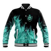 Darts Board Baseball Jacket with Flaming Green Smoke and Crest Emblem on Black Gradient Background - Wonder Print Shop