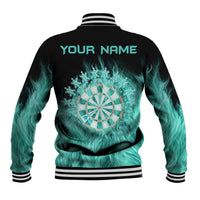 Darts Board Baseball Jacket with Flaming Green Smoke and Crest Emblem on Black Gradient Background - Wonder Print Shop