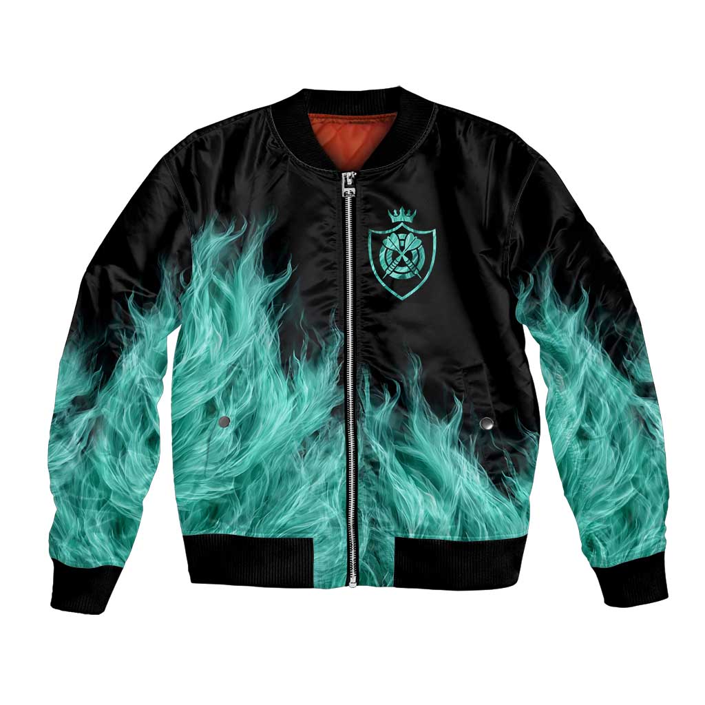 Darts Board Bomber Jacket with Flaming Green Smoke and Crest Emblem on Black Gradient Background - Wonder Print Shop