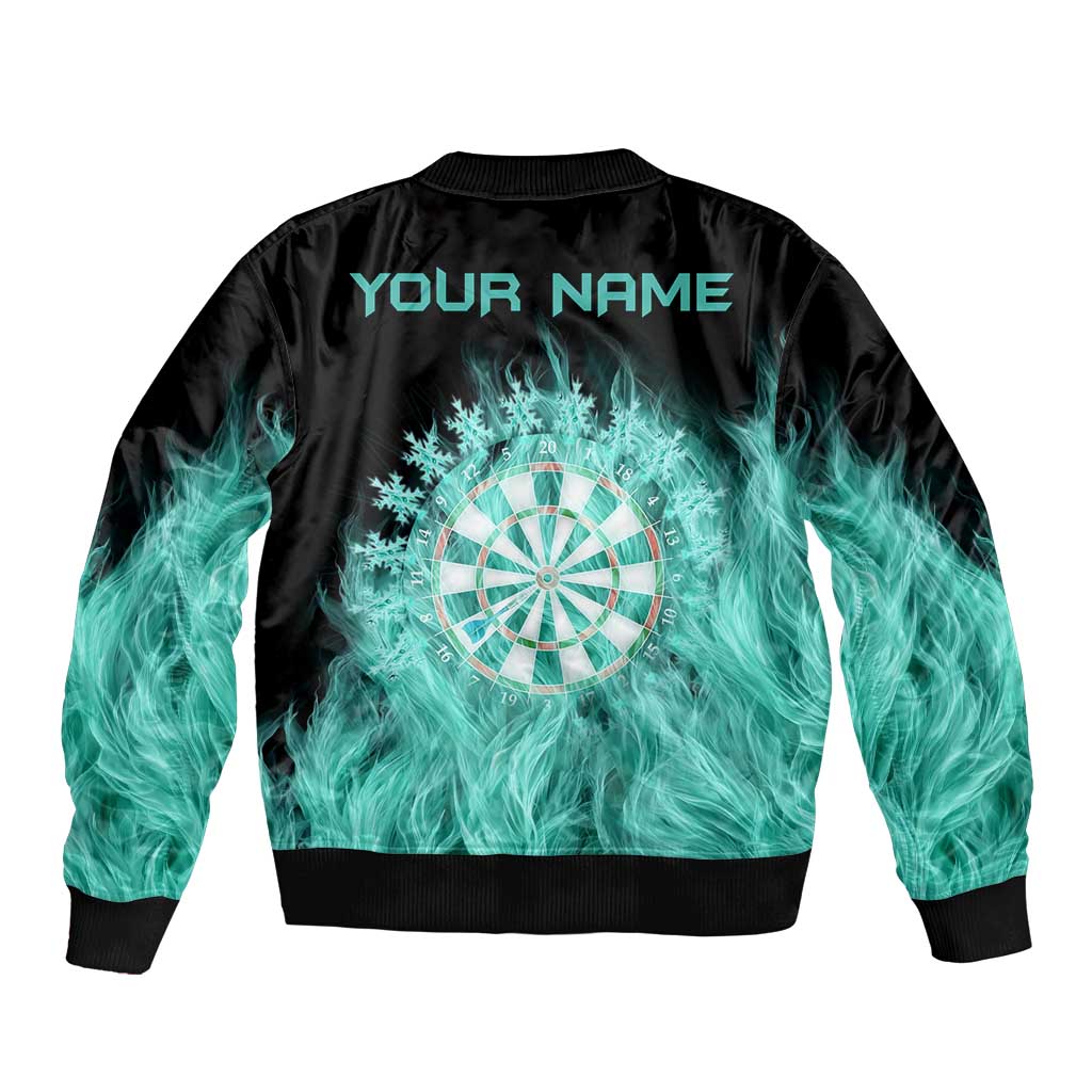 Darts Board Bomber Jacket with Flaming Green Smoke and Crest Emblem on Black Gradient Background - Wonder Print Shop