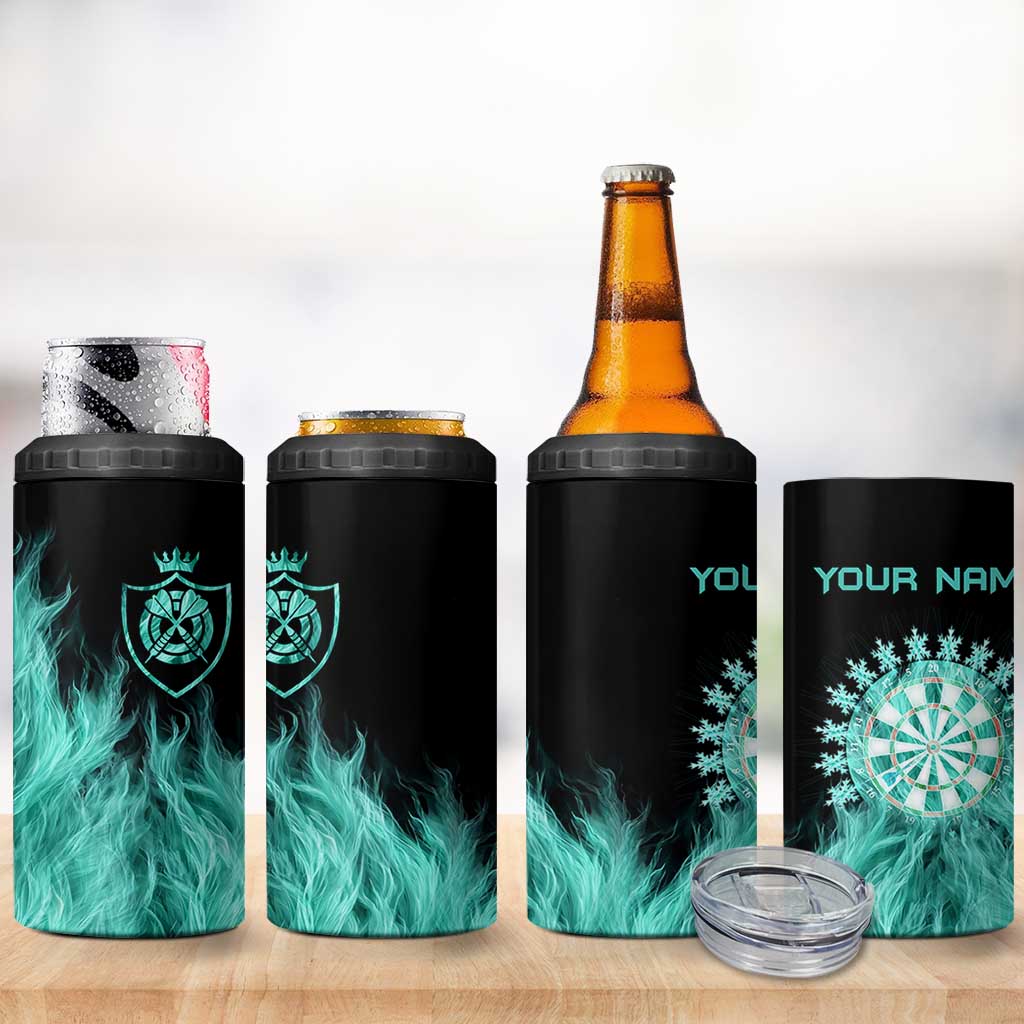 Darts Board 4 in 1 Can Cooler Tumbler with Flaming Green Smoke and Crest Emblem on Black Gradient Background - Wonder Print Shop