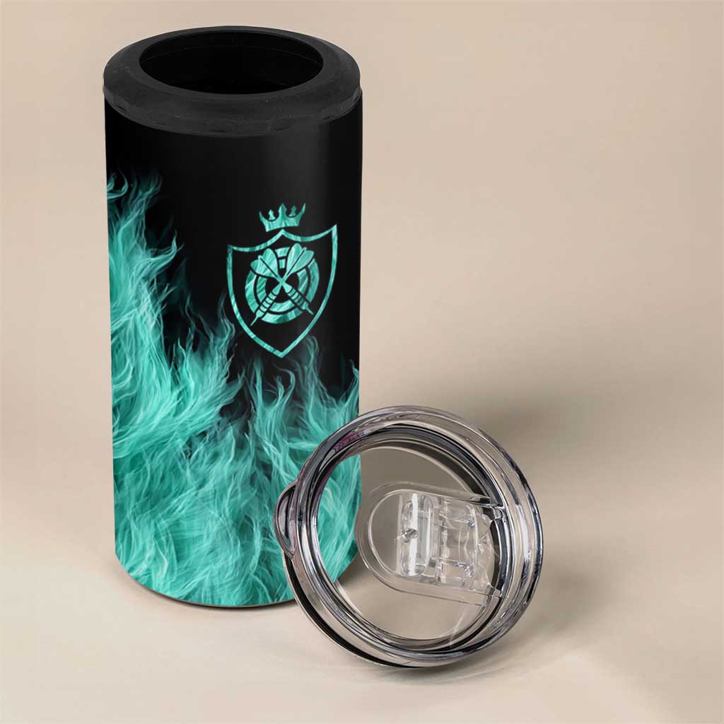 Darts Board 4 in 1 Can Cooler Tumbler with Flaming Green Smoke and Crest Emblem on Black Gradient Background - Wonder Print Shop