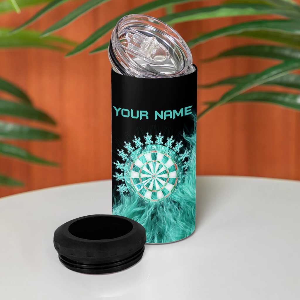 Darts Board 4 in 1 Can Cooler Tumbler with Flaming Green Smoke and Crest Emblem on Black Gradient Background - Wonder Print Shop