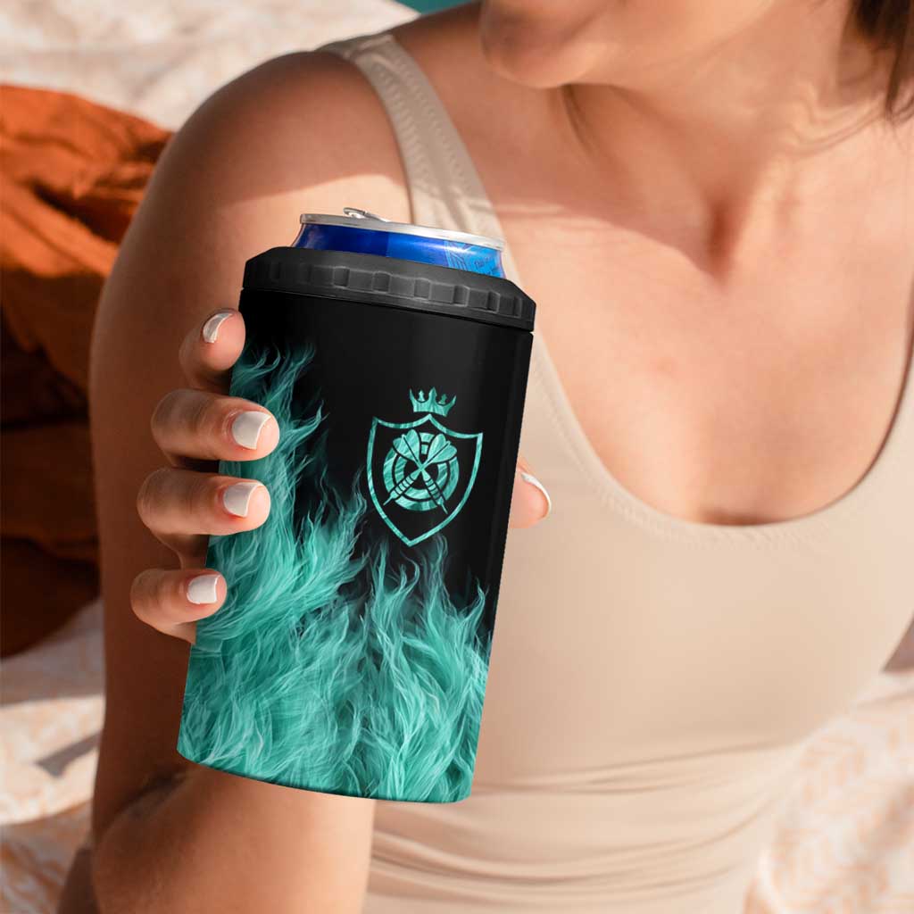 Darts Board 4 in 1 Can Cooler Tumbler with Flaming Green Smoke and Crest Emblem on Black Gradient Background - Wonder Print Shop