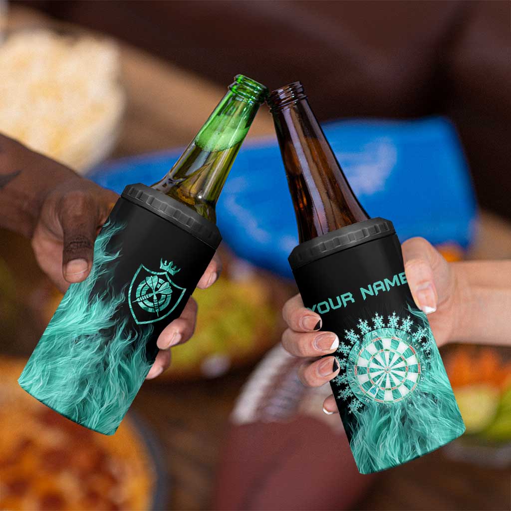 Darts Board 4 in 1 Can Cooler Tumbler with Flaming Green Smoke and Crest Emblem on Black Gradient Background - Wonder Print Shop