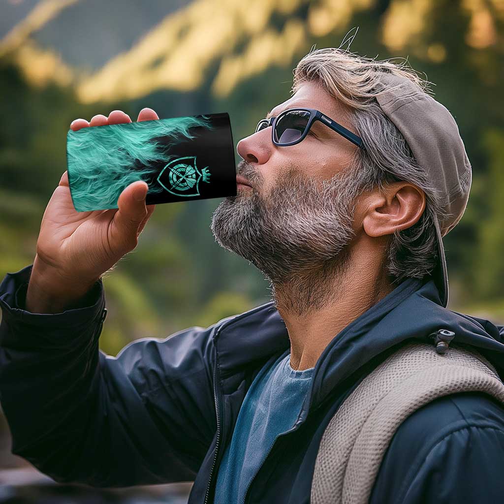 Darts Board 4 in 1 Can Cooler Tumbler with Flaming Green Smoke and Crest Emblem on Black Gradient Background - Wonder Print Shop