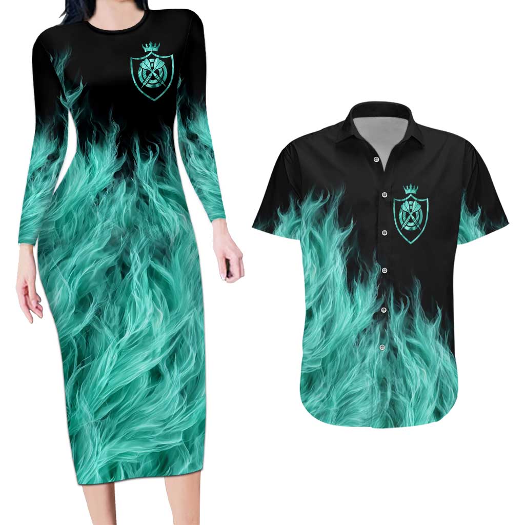 Darts Board Couples Matching Long Sleeve Bodycon Dress and Hawaiian Shirt with Flaming Green Smoke and Crest Emblem on Black Gradient Background - Wonder Print Shop