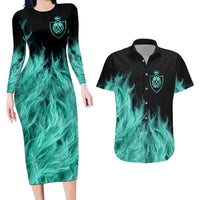 Darts Board Couples Matching Long Sleeve Bodycon Dress and Hawaiian Shirt with Flaming Green Smoke and Crest Emblem on Black Gradient Background - Wonder Print Shop
