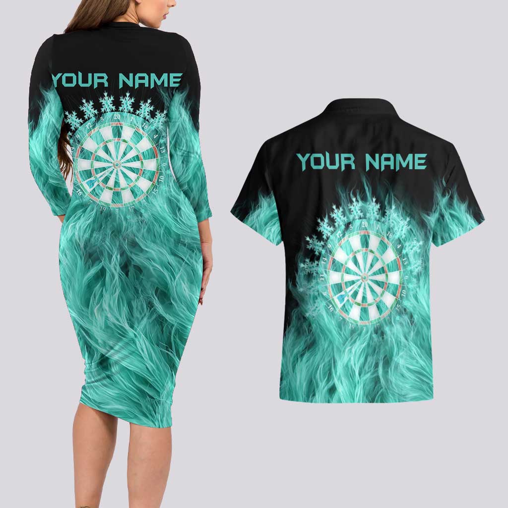 Darts Board Couples Matching Long Sleeve Bodycon Dress and Hawaiian Shirt with Flaming Green Smoke and Crest Emblem on Black Gradient Background - Wonder Print Shop