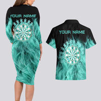 Darts Board Couples Matching Long Sleeve Bodycon Dress and Hawaiian Shirt with Flaming Green Smoke and Crest Emblem on Black Gradient Background - Wonder Print Shop