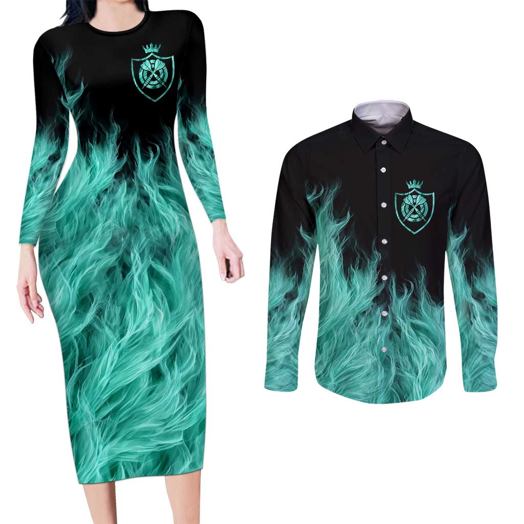 Darts Board Couples Matching Long Sleeve Bodycon Dress and Long Sleeve Button Shirt with Flaming Green Smoke and Crest Emblem on Black Gradient Background - Wonder Print Shop