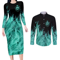 Darts Board Couples Matching Long Sleeve Bodycon Dress and Long Sleeve Button Shirt with Flaming Green Smoke and Crest Emblem on Black Gradient Background - Wonder Print Shop