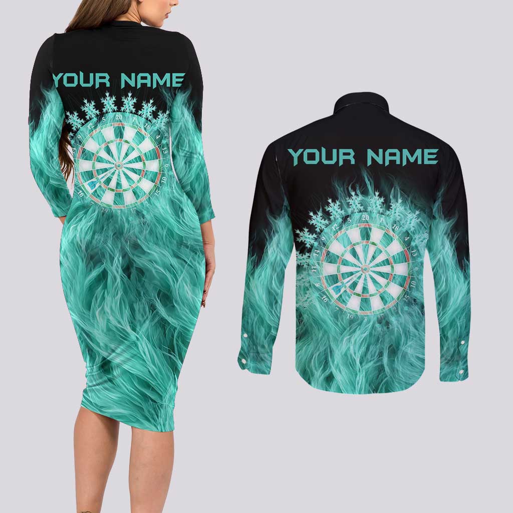 Darts Board Couples Matching Long Sleeve Bodycon Dress and Long Sleeve Button Shirt with Flaming Green Smoke and Crest Emblem on Black Gradient Background - Wonder Print Shop