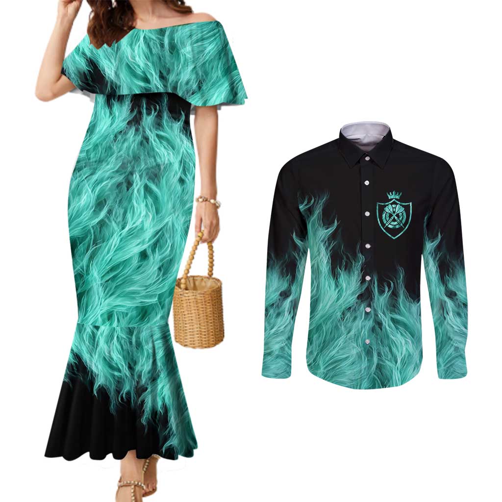 Darts Board Couples Matching Mermaid Dress and Long Sleeve Button Shirt with Flaming Green Smoke and Crest Emblem on Black Gradient Background - Wonder Print Shop