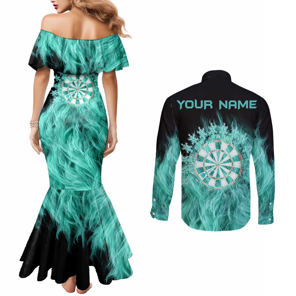 Darts Board Couples Matching Mermaid Dress and Long Sleeve Button Shirt with Flaming Green Smoke and Crest Emblem on Black Gradient Background - Wonder Print Shop