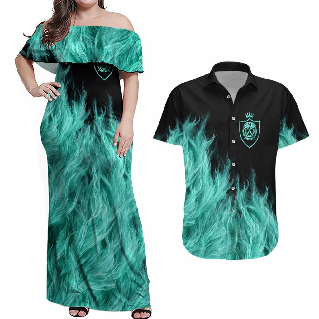 Darts Board Couples Matching Off Shoulder Maxi Dress and Hawaiian Shirt with Flaming Green Smoke and Crest Emblem on Black Gradient Background - Wonder Print Shop
