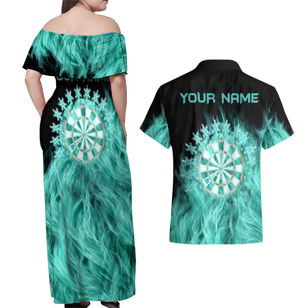 Darts Board Couples Matching Off Shoulder Maxi Dress and Hawaiian Shirt with Flaming Green Smoke and Crest Emblem on Black Gradient Background - Wonder Print Shop