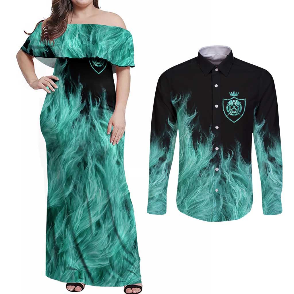 Darts Board Couples Matching Off Shoulder Maxi Dress and Long Sleeve Button Shirt with Flaming Green Smoke and Crest Emblem on Black Gradient Background - Wonder Print Shop
