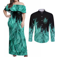 Darts Board Couples Matching Off Shoulder Maxi Dress and Long Sleeve Button Shirt with Flaming Green Smoke and Crest Emblem on Black Gradient Background - Wonder Print Shop