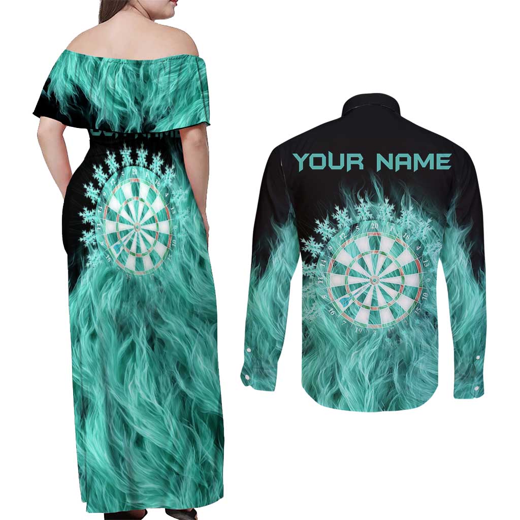 Darts Board Couples Matching Off Shoulder Maxi Dress and Long Sleeve Button Shirt with Flaming Green Smoke and Crest Emblem on Black Gradient Background - Wonder Print Shop