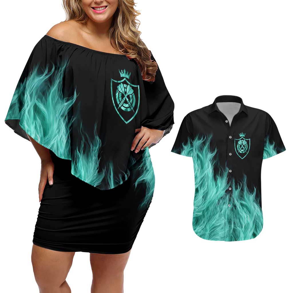 Darts Board Couples Matching Off Shoulder Short Dress and Hawaiian Shirt with Flaming Green Smoke and Crest Emblem on Black Gradient Background - Wonder Print Shop