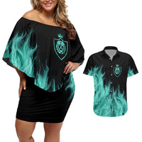 Darts Board Couples Matching Off Shoulder Short Dress and Hawaiian Shirt with Flaming Green Smoke and Crest Emblem on Black Gradient Background - Wonder Print Shop