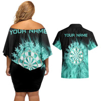 Darts Board Couples Matching Off Shoulder Short Dress and Hawaiian Shirt with Flaming Green Smoke and Crest Emblem on Black Gradient Background - Wonder Print Shop