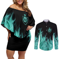 Darts Board Couples Matching Off Shoulder Short Dress and Long Sleeve Button Shirt with Flaming Green Smoke and Crest Emblem on Black Gradient Background - Wonder Print Shop