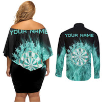 Darts Board Couples Matching Off Shoulder Short Dress and Long Sleeve Button Shirt with Flaming Green Smoke and Crest Emblem on Black Gradient Background - Wonder Print Shop