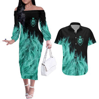 Darts Board Couples Matching Off The Shoulder Long Sleeve Dress and Hawaiian Shirt with Flaming Green Smoke and Crest Emblem on Black Gradient Background - Wonder Print Shop