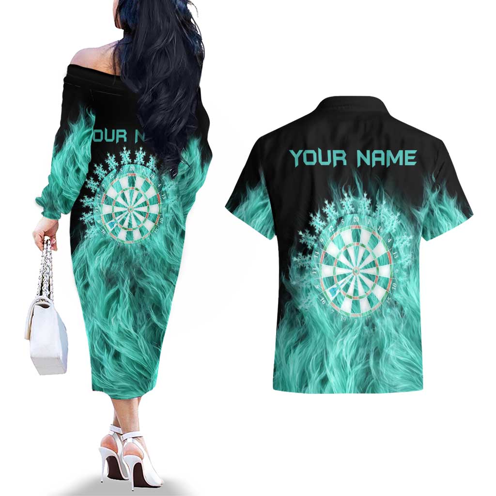 Darts Board Couples Matching Off The Shoulder Long Sleeve Dress and Hawaiian Shirt with Flaming Green Smoke and Crest Emblem on Black Gradient Background - Wonder Print Shop