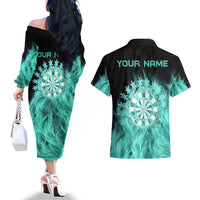 Darts Board Couples Matching Off The Shoulder Long Sleeve Dress and Hawaiian Shirt with Flaming Green Smoke and Crest Emblem on Black Gradient Background - Wonder Print Shop