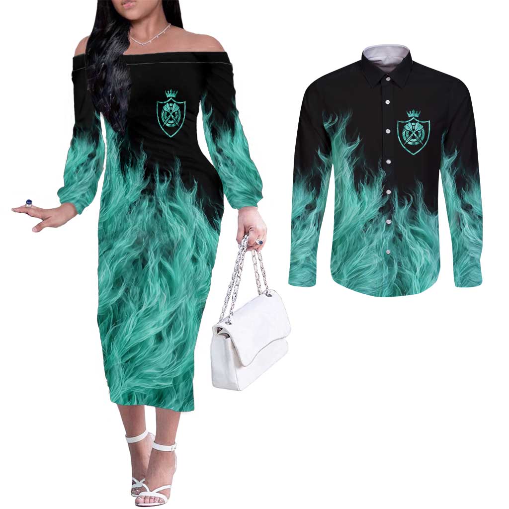 Darts Board Couples Matching Off The Shoulder Long Sleeve Dress and Long Sleeve Button Shirt with Flaming Green Smoke and Crest Emblem on Black Gradient Background - Wonder Print Shop