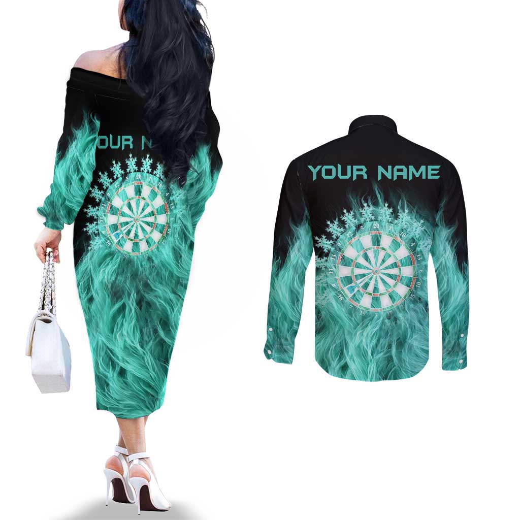 Darts Board Couples Matching Off The Shoulder Long Sleeve Dress and Long Sleeve Button Shirt with Flaming Green Smoke and Crest Emblem on Black Gradient Background - Wonder Print Shop