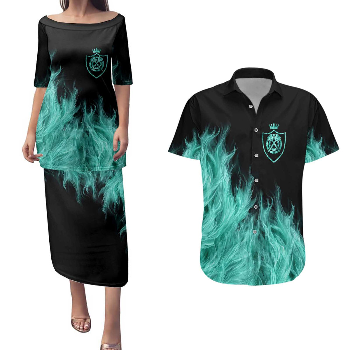 Darts Board Couples Matching Puletasi and Hawaiian Shirt with Flaming Green Smoke and Crest Emblem on Black Gradient Background - Wonder Print Shop