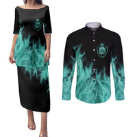 Darts Board Couples Matching Puletasi and Long Sleeve Button Shirt with Flaming Green Smoke and Crest Emblem on Black Gradient Background - Wonder Print Shop