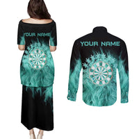 Darts Board Couples Matching Puletasi and Long Sleeve Button Shirt with Flaming Green Smoke and Crest Emblem on Black Gradient Background - Wonder Print Shop