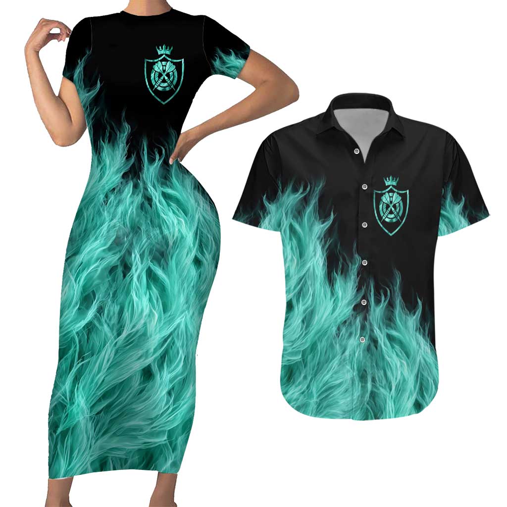 Darts Board Couples Matching Short Sleeve Bodycon Dress and Hawaiian Shirt with Flaming Green Smoke and Crest Emblem on Black Gradient Background - Wonder Print Shop